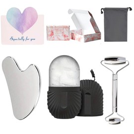 Herramientas de masaje facial: tabla y rodillo gua sha, soporte de hielo de silicona: reutilizable, bonita caja de regalo, no necesita electricidad, fácil de completar el cuidado facial(negro)