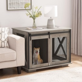 CKEASEAN Farmhouse Style Dog Cage Crate Furniture with Sliding Barn Door, Wooden Dog Kennel End Table with Flip-top Plate and Detachable Divider for Small/Medium/Large Dogs (Gray Wash)