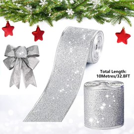 ZZLBZN 50mm Wide Wire Edge Glitter Ribbon,10M Roll Silver Ribbon Wired Christmas Tree Ribbon for Gift Wrapping and Sewing in Christmas Colours and Christmas Tree Ribbon Decorations Christmas Crafts