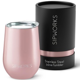 Sipworks Wine Tumbler with Lid - 12 oz Stainless Steel Tumblers with Removable Lid & Double Walled Vacuum Insulation - Leakproof, Shatterproof Insulated Wine Tumbler for Travel - Rose Gold
