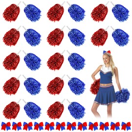WATUNID Pack of 24 Cheerleader Pompoms with Baton Handle, Metal Foil Pom Poms Cheerleading with Large Hair Bow, Pompoms Cheerleader for School, Sports, Dance, Carnival Parties, Competition (Blue, Red)