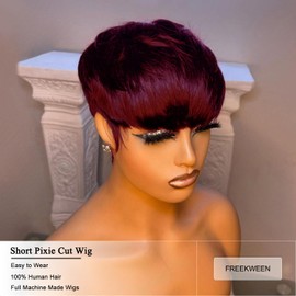 FREEKWEEN Peluca Corta Bob Para Mujeres Negras, Cabello Humano Virgen Brasileño, Corte Pixie, Color Rojo Borgoña, Estilo Corto, Hecha A Máquina Con Flequillo, Densidad Del 150%, Sin Encaje Frontal, 9