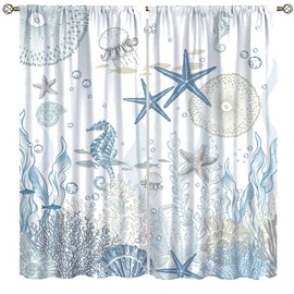 SENRUEGT Nautical Coastal Curtains,Nautical Beach Starfish Seashell Blue Curtains Summer Ocean Window Treatment Drapes for Living Room Bedroom 42x45 Inch