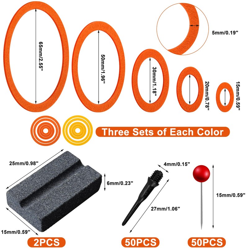 30 x Dart Practice Rings, Inner Diameter 15/20/30/50/65 mm, Felt