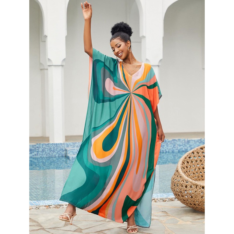 IMAGEKOPE Moroccan Print V-Neck Batwing Kaftan Women's Plus Size Loose