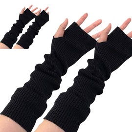 aoozleny 2 Pair Wool Wrist Warmer Winter Long Fingerless Gloves Knit Mitten Gloves Arm Warmer with Thumb Hole for Women (2 pair Black, M)