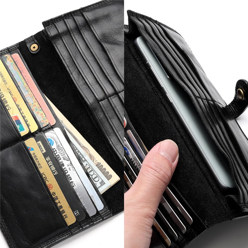 IJUN Full Grain Leather Handmade Bifold Long Wallet for Men