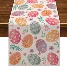 Nepnuser Linen Happy Easter Table Runner 90 inches Long Spring Easter Egg Decoration Farmhouse Home Dining Room Kitchen Table Decor