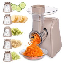 COOK WITH COLOR 5-in-1 Electric Slicer, 150W Food Prep Machine – Parmesan Shredder, Fine & Coarse Graters, Potato Grater, Vegetable Slicer, Compact Design for Bowl Prep, Warm Grey