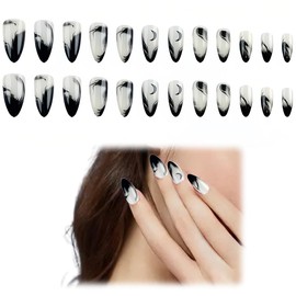 SIVZUMO Pack of 24 Black False Nails with Moon Designs Press On Nails Almond Press On Nails for Sticking Fake Nails Artificial Nails Fingernails