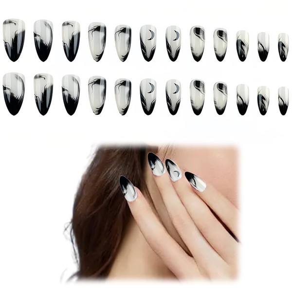 SIVZUMO Pack of 24 Black False Nails with Moon Designs