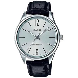 Casio #MTP-V005L-7B Men's Standard Analog Black Leather Band Silver Dial Watch