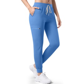Women's Medical Scrub Pants, Soft Jogger Pant Scrub Bottoms with Zip Pocket Drawstring Mid-Rise Yoga Slim Cargo Pants Sky Blue