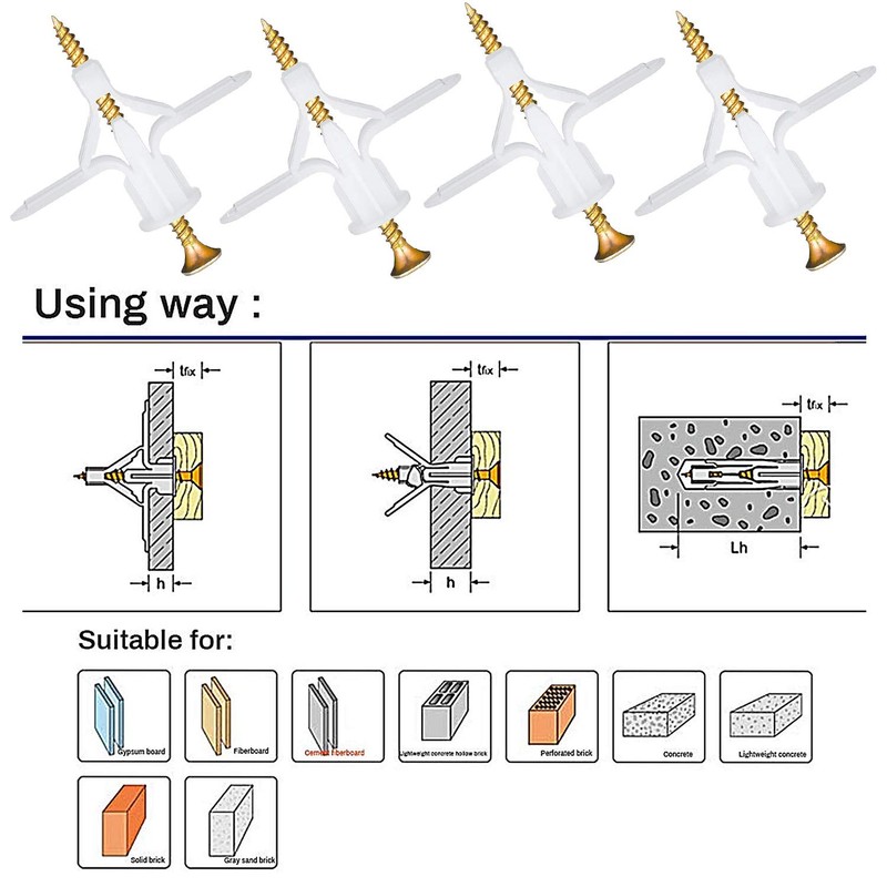 Plasterboard Wall Fixing Plastic Expansion/Plug Anchor Bolts Anti Rotate Heavy