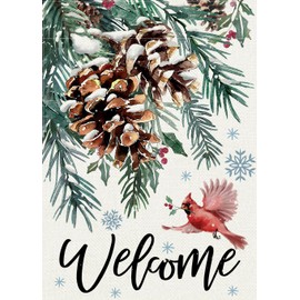 Covido Welcome Winter Pine Cone Decorative Garden Flag, Christmas Pine Needle Branches Cardinal Red Bird Yard Outside Decorations, Seasonal Burlap Outdoor Small Home Decor Double Sided 12 x 18
