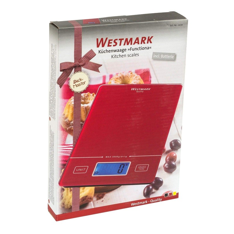 Westmark Digitale Küchenwaage mit Tara-Funktion, Wiegebereich bis 5 Kg, Glas-Wiegefläche,