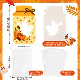 Honeydak 48 Set Autumn Mason Jar Cards Kit with 48 Clear Treat Bags & 50 Adhesive Strips, Fall DIY Craft Goodie Bags, Thanksgiving Party Favors Supplies, Gift Exchange, Holidays Prizes