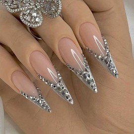 Stiletto Press on Nails - French Style False Nails with Shinning Diamond Tips, Acrylic Long Fake Nails 24 Pcs Glue on Nails for Women Nails Manicure Decoration
