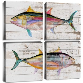 Tuna Fish Wall Decor Ocean Canvas Art Beach Bathroom Coastal Decor Rustic Fish Pictures Kitchen Nautical Sea Animal Painting Marine Life Artwork for Bedroom Dinner Room Modern Home Decorations 16x16"