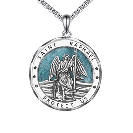 LUANIOL St Raphael Pendant Necklace 18K White Gold Plated Turquoise Saint Raphael Medal Necklace Religion Amulet Protection Jewelry for Men Women Gifts With Stainless Steel Chain