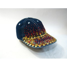 Faded Denim Red Gold Rhinestone Studded Glittery Hip Hop Ladies Fashion Streetwear Baseball Cap Hat