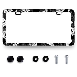 Black White Flowers License Plate Frame Cherry Blossom License Plate Holder for Front and Rear Car Tags Stainless Steel Funny License Plate Car Decoration with Screws 12.2" x 6.2"