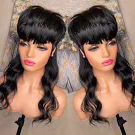 Mullet Pixie Cut Body Wave Glueless Wigs for Women Natural 1b Color 20inch