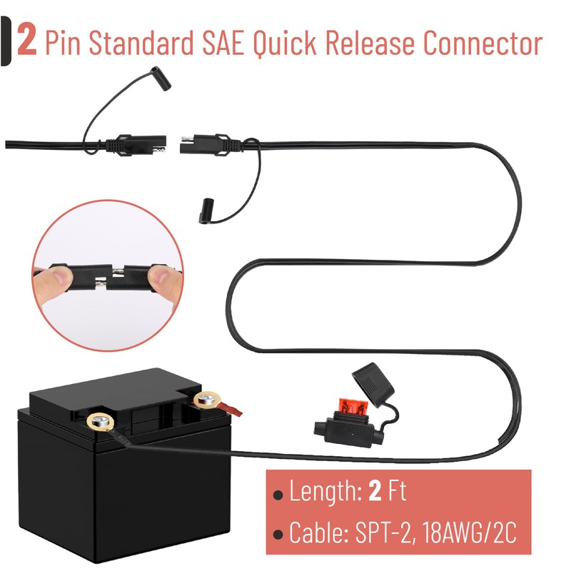 Bates- SAE Battery Connector, 2 FT, SAE to O Ring