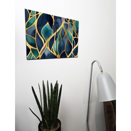 The Plum Penguin Abstract Watercolour Fretwork Wooden Wall Art, A4 Dual Set, Indigo Teal Gold MDF Decor Canvas Alternative 40 x 30cm