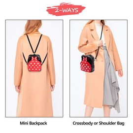 Finex Minnie Mouse Backpack Small 2-in-1 Crossbody bag Mini Backpack - Multifunction Makeup Travel Mini Handbag with Long Shoulder Adjustable Strap PU Leather for Women Girls (Red/Black)