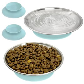 Fhiny 2PCS Stainless Steel Cat Bowls, 5.5in Non-Slip Metal Cat Dish Whisker Friendly Shallow Kitten Bowls with Suction Pad Kitty Food Plate Easy to Clean for Cats Kitten Puppy Dogs