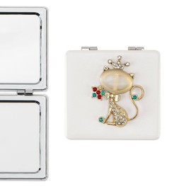 CAIRIAC Compact Mirror, Classical PU Leather 1X/2X Magnification Mirrors, Portable Pocket Compact Makeup Mirrors for Purse, Clutch Bag, Cute Travel Mirror Small, Mirror Gifts for Women (Fox, White)