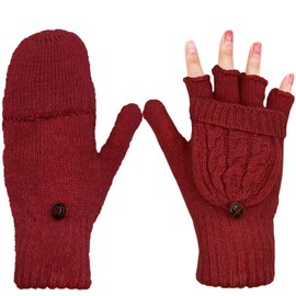 Beurlike Winter Fashion Women Gloves Warm Wool Windproof Knitted Convertible Fingerless Mittens(WineredNew)