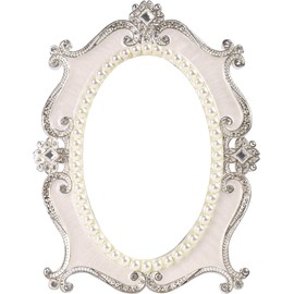 Nerien Decorative Tabletop Oval Mirror Vintage Metal Desktop Mirror with Stand Pearl Floral Frame Makeup Mirror Retro Cosmetic Mirror Countertop Dressing Mirror for Home, Bedroom Decor White-M