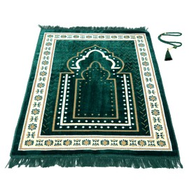 TB Islamic Prayer Rug Thick Soft Velvet Muslim Mat Unique Arabic Turkish African Embroidered Design Prayer Bead Daily Salah Prayer Meditation Ramadan Eid Gift for Women Men Kids (Green)