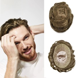 Healthlif Toupee for Men Full Poly Thinskin Mens Toupee Remy Human Hair System for Men Natural Looking Mens Hairpieces Men's Hair Prosthesis8x10-Medium light density#740 VERY LIGHT BROWN+40% GREY