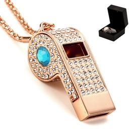 Rhinestone Gold Whistle, Bling Metal Whistle with Chain Gift for Referees/Coaches/Teachers/Training,Premium Gift Box Included (Blue Crystal)