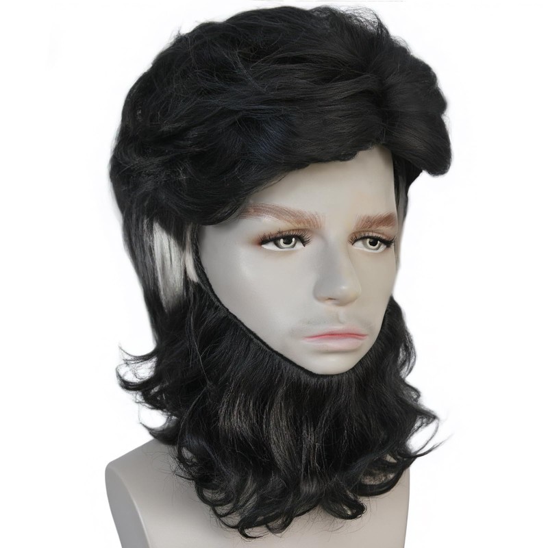 ESUNO Mens Short Black Wig with Beard Billionaire Wig Black