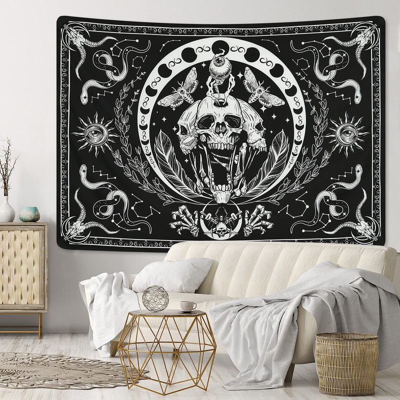 Krelymics Skull Tapestry Black and White Tapestries Snake Tapestry Moth