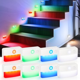 Guankai 8 Pack Motion Sensor Stair Lights for Indoor, Wireless RGB Battery Operated Night Light, Activated Led Stick On Hallway Closet Under Cabinet Step Lamp for Bedroom Kitchen Bathroom