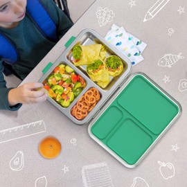 Bentgo® Kids Stainless Steel Leak-Resistant Lunch Box - New & Improved 2022 Bento-Style with Upgraded Latches, 3 Compartments, & Bonus Container - Eco-Friendly, Dishwasher Safe, BPA-Free (Green)