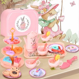 Lajeje Kids Tea Party Set - Bunny Tea Set for Little Girls, Princess Tea Set for Toddlers 3-5, Easter Gift Basket Stuffer, Birthday Gift, Pretend Play Tea Party Set with Teapot, Cups, Desserts, Case