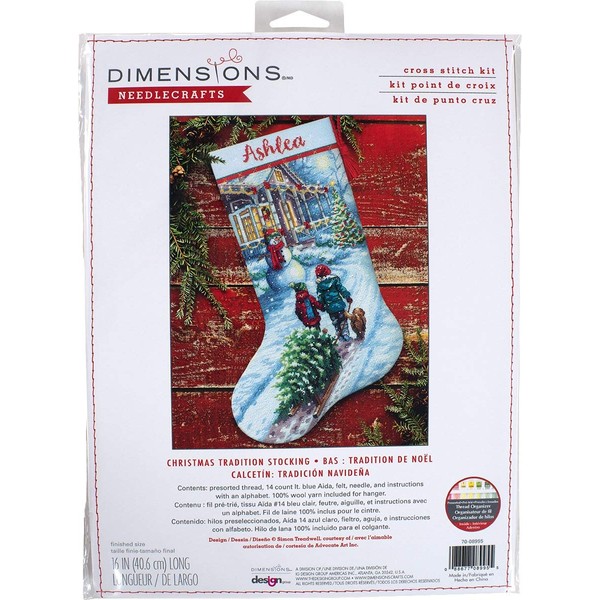 Dimensions 70-08995 Holiday Tradition DIY Personalizable Christmas Cross Stitch Stocking Kit, 16" L, 14 Count Light Blue Aida, Various