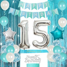 15th Birthday Decorations for Girls Teal Blue 15th Birthday Party Supplies Turquoise Happy Birthday Banner Teal Green Number 15 Star Foil Balloons Birthday Girl Sash Happy 15th Birthday Decor