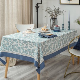 GLORY SEASON Rustic Tablecloth Solid Cotton Fabric Bordered Retro Tablecloths Classic Plant Leaf Printed Linen Fabric Table Cover Farmhouse Decoration 55x120 Inches Rectangle/Oblong Blue for Kitchen