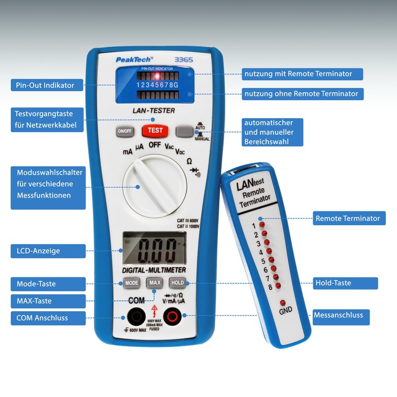 PeakTech 3365 – LAN Tester & Digital Multimeter, Netzwerkprüfgerät, Spannungsprüfer,