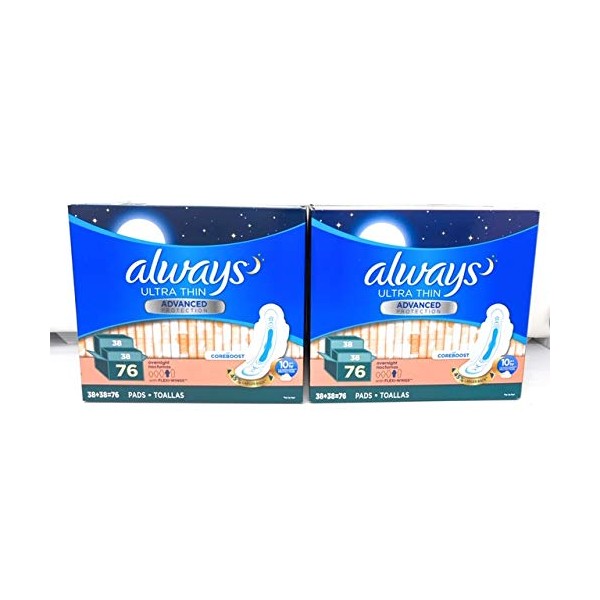 Always GOVqaQ Ultra Thin Overnight Pads With Wings, Unscented, 76 Count (2 Pack)