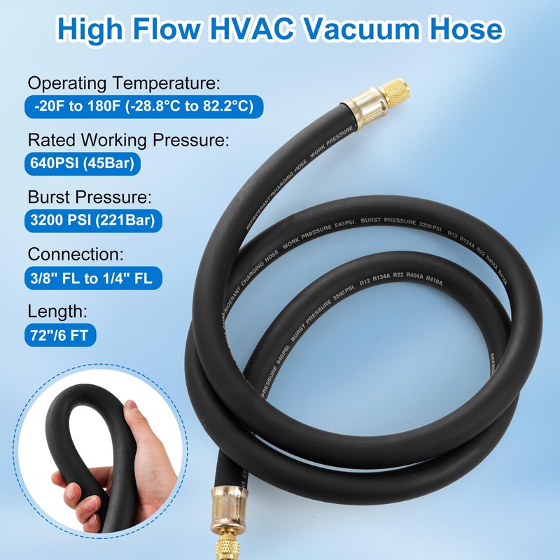 HVAC Vacuum Hose Evacuation Kit, 1/2'' ID Vacuum Refrigerant Charging