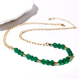 Jewboo Reiki Green Agate Beaded Necklaces for Women 14k Gold Plated Chain Necklace Gemstones and Crystals Good Luck Gift (42+5 cm)