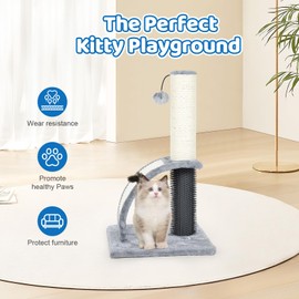 Tall Cat Scratching Post with Groomer, 19.6" Scratching Post with Wood Frame, Stable Sisal Cat Post with Extra Interactive Dangling Plush Toy,Protect Furniture
